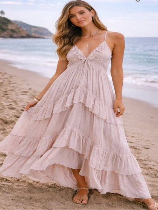 FP Beach Dresses & Skirts - Free People Beach | Santa Luz Maxi Dress Ruffle Halter Open Back Pink XL